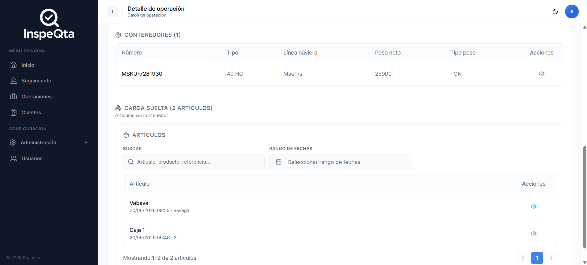 Vista de contenedores y carga suelta de una operación