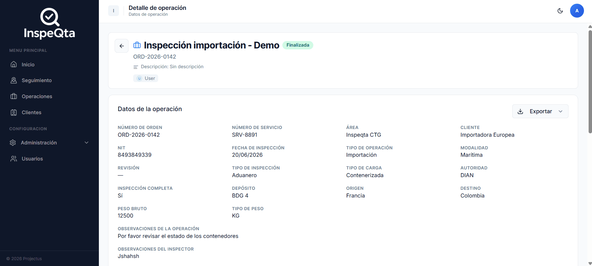 Detalle de una operación con sus contenedores, ítems y fotos de evidencia